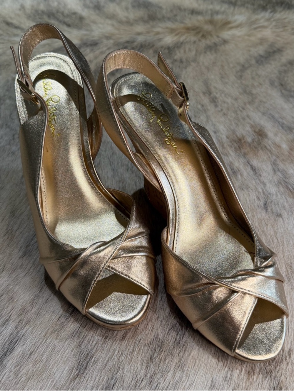 Lilly Pulitzer Gold Metallic Cork Wedge Slingback Heels Size 7.5 Peep Toe